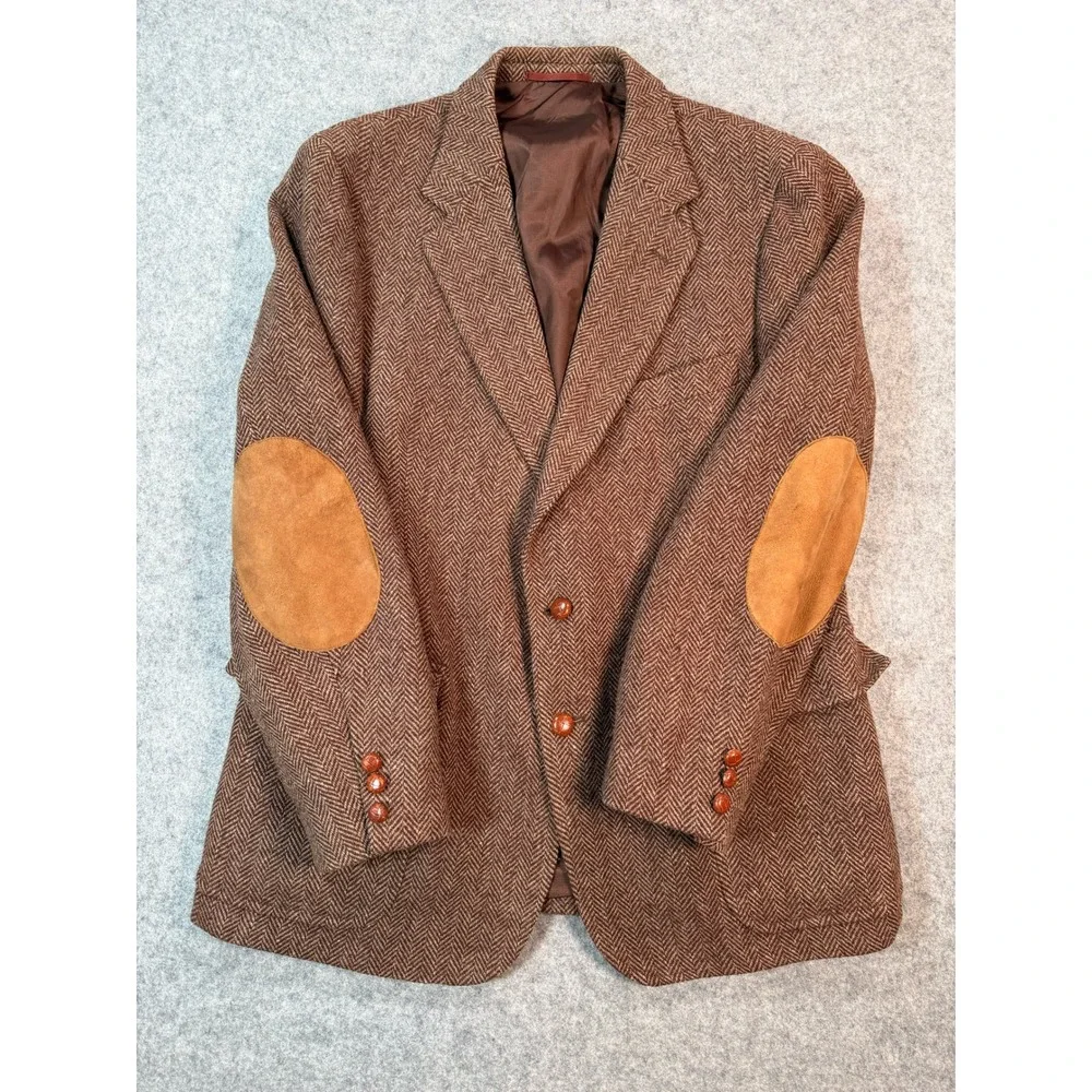 Vintage Holmes Men Brown Herringbone Wool Blazer Elbow Patches 45 Chest